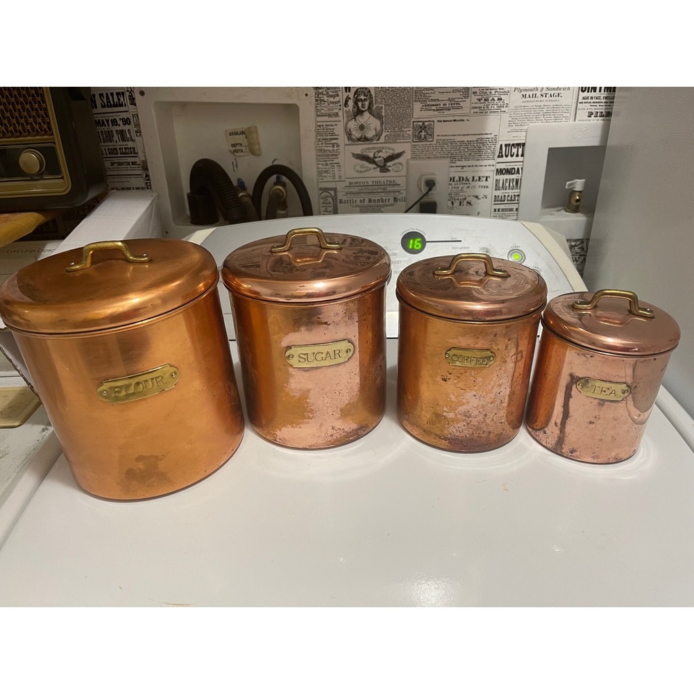 Vtg 4pc Copper Canister Set Brass Labels Stainless Steel Lining Nesting Korea